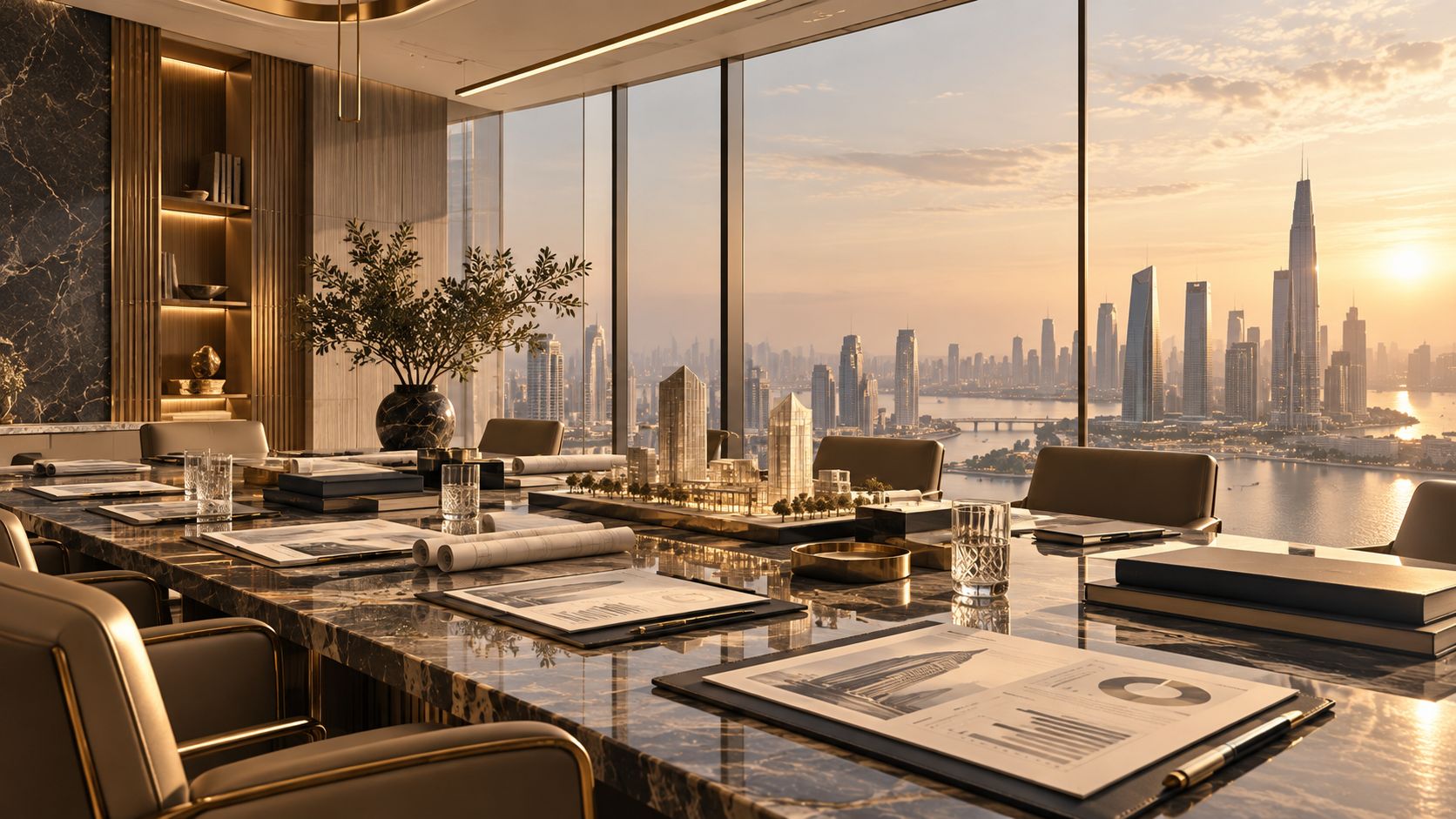 Boardroom with a city model and skyline view